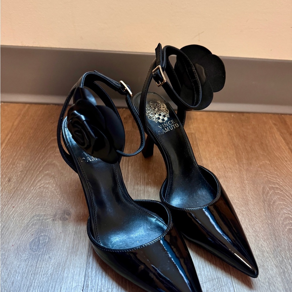 Vince Camuto Black Patent Heels with Floral Detail